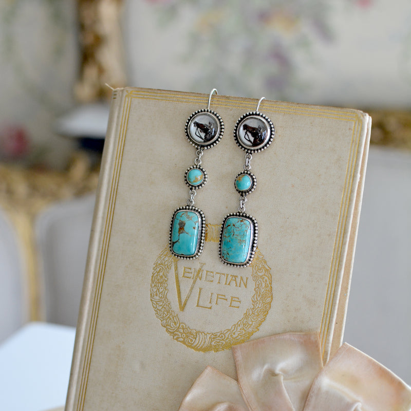 Late 19 th. C. English Intaglio HorseHead Drop Earrings with Kingman Turquoise