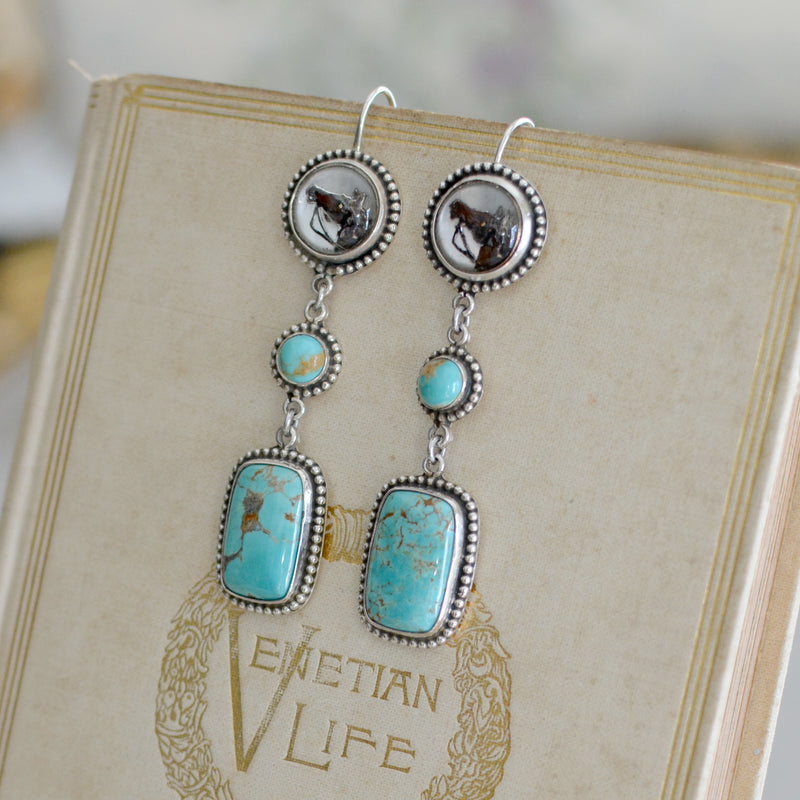 Late 19 th. C. English Intaglio HorseHead Drop Earrings with Kingman Turquoise