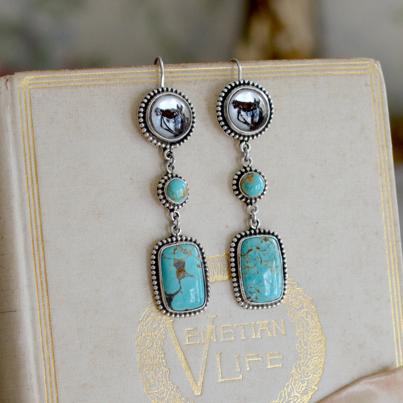 Late 19 th. C. English Intaglio HorseHead Drop Earrings with Kingman Turquoise