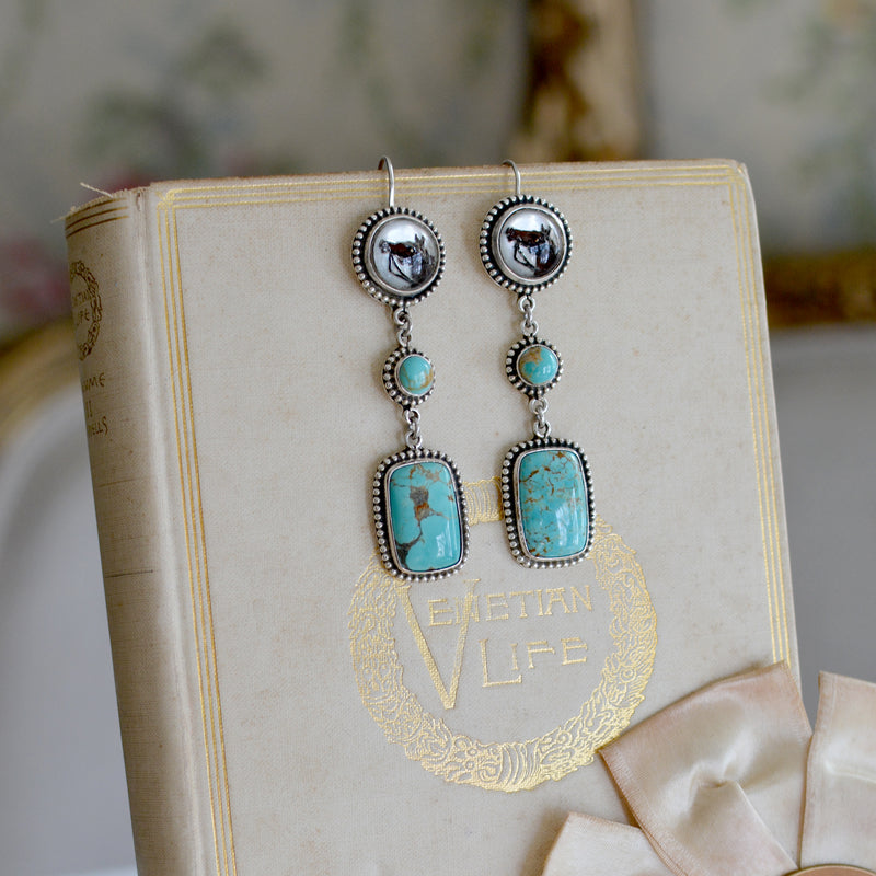 Late 19 th. C. English Intaglio HorseHead Drop Earrings with Kingman Turquoise