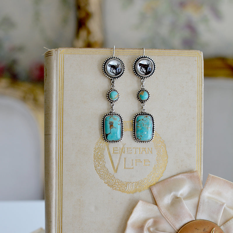 Late 19 th. C. English Intaglio HorseHead Drop Earrings with Kingman Turquoise