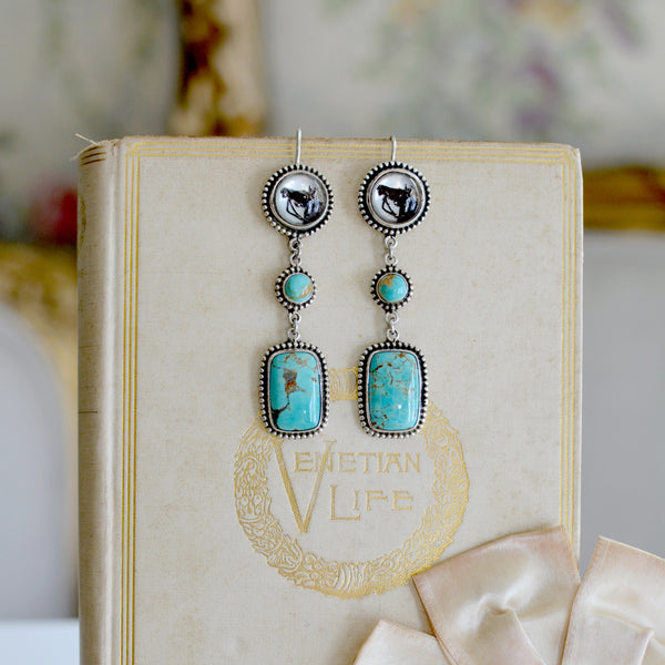 Late 19 th. C. English Intaglio HorseHead Drop Earrings with Kingman Turquoise