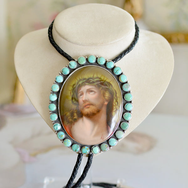 Divine 19 th. C. Signed Porcelain Portrait of Christ Jesus Bolo Royston Turquoise Surround