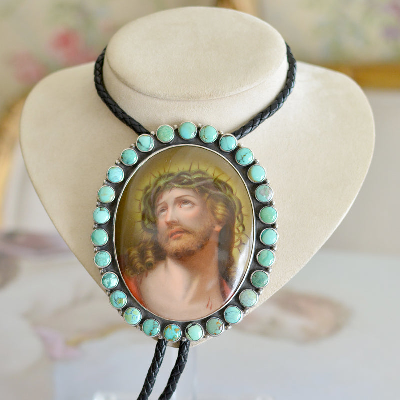 Divine 19 th. C. Signed Porcelain Portrait of Christ Jesus Bolo Royston Turquoise Surround