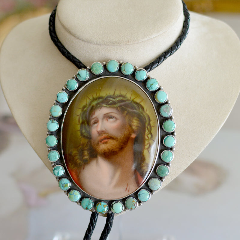 Divine 19 th. C. Signed Porcelain Portrait of Christ Jesus Bolo Royston Turquoise Surround