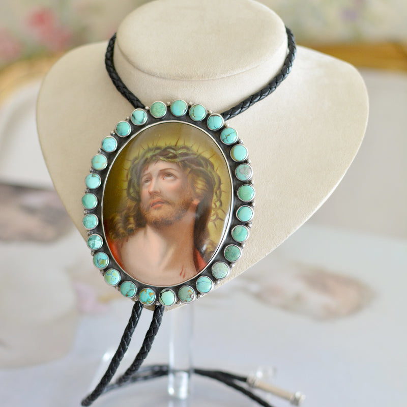 Divine 19 th. C. Signed Porcelain Portrait of Christ Jesus Bolo Royston Turquoise Surround