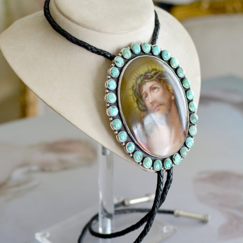 Divine 19 th. C. Signed Porcelain Portrait of Christ Jesus Bolo Royston Turquoise Surround