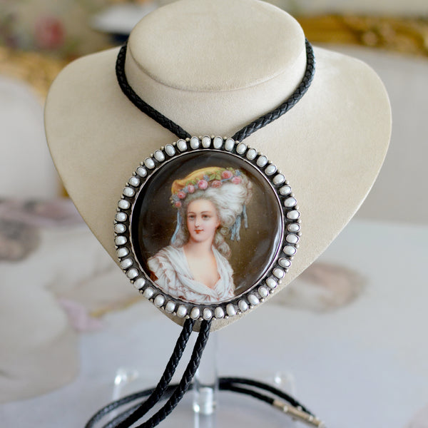 Important 19 th. C. Hand Painted Miniature Portrait Bolo Depicting Marie Antoinette