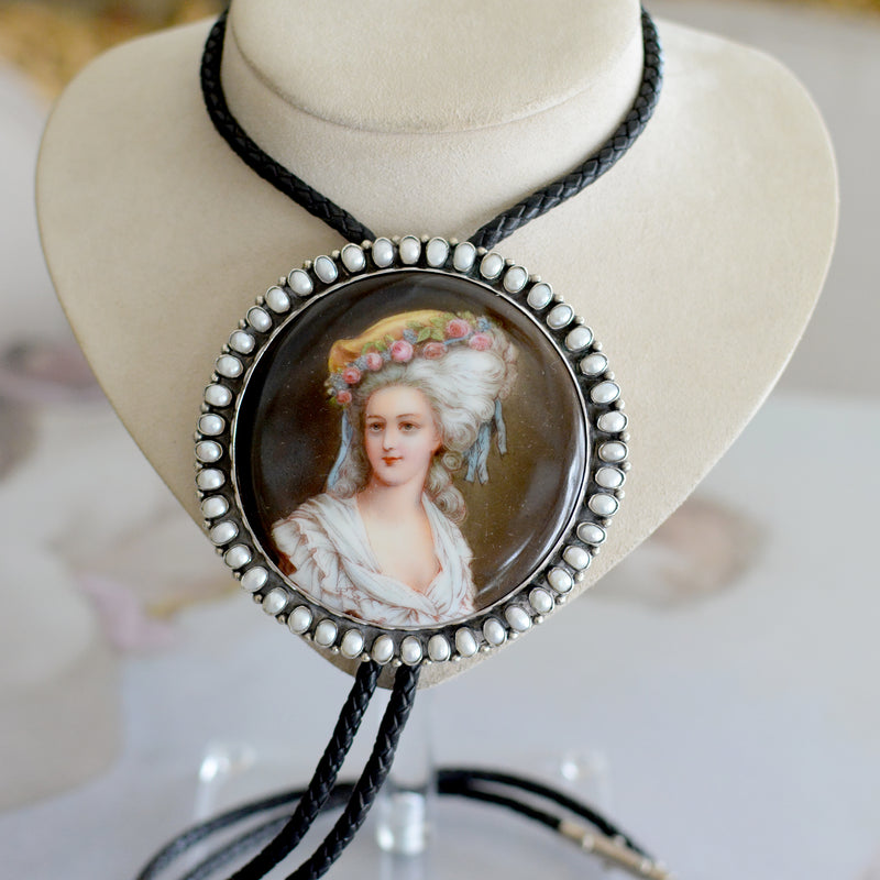 Important 19 th. C. Hand Painted Miniature Portrait Bolo Depicting Marie Antoinette