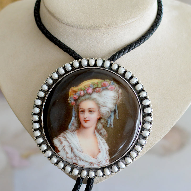 Important 19 th. C. Hand Painted Miniature Portrait Bolo Depicting Marie Antoinette