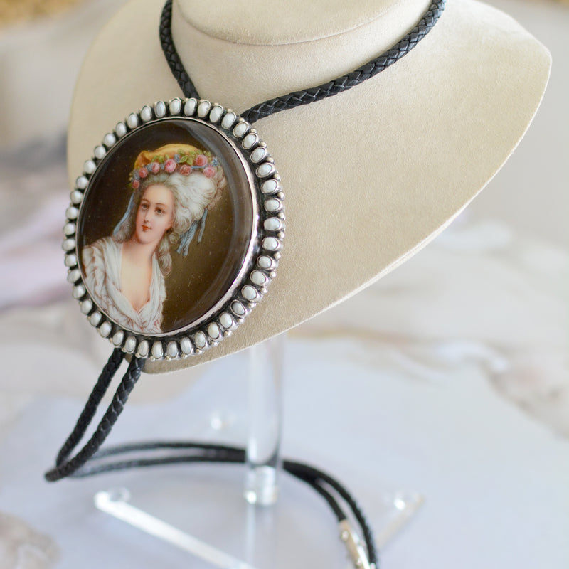 Important 19 th. C. Hand Painted Miniature Portrait Bolo Depicting Marie Antoinette