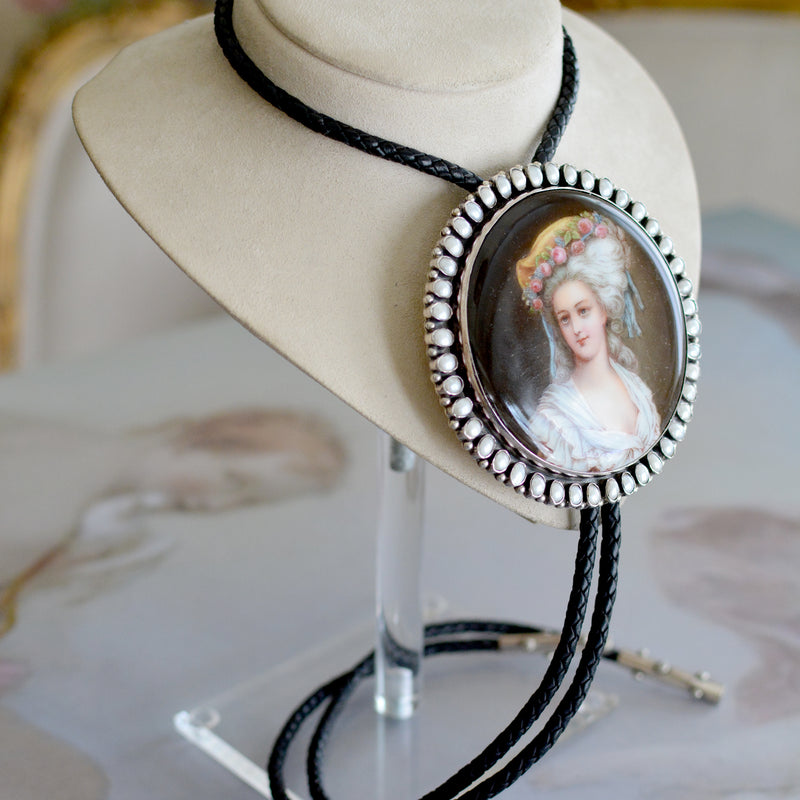 Important 19 th. C. Hand Painted Miniature Portrait Bolo Depicting Marie Antoinette