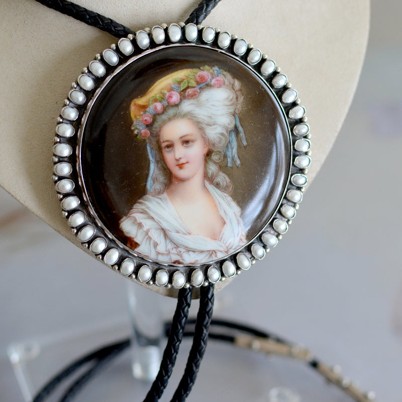 Important 19 th. C. Hand Painted Miniature Portrait Bolo Depicting Marie Antoinette