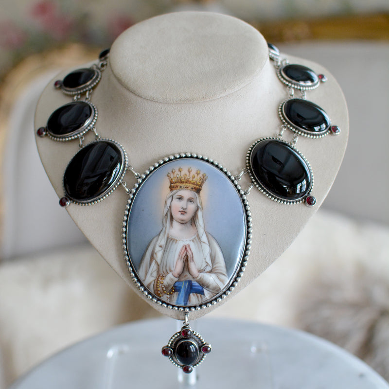 Important 19 th. C.French Mary Magdaline Portrait Necklace with Onyx & Garnets