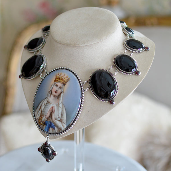 Important 19 th. C.French Mary Magdaline Portrait Necklace with Onyx & Garnets