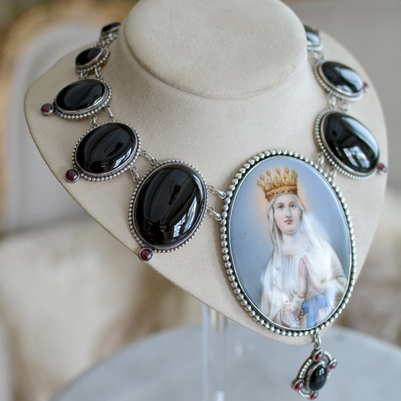 Important 19 th. C.French Mary Magdaline Portrait Necklace with Onyx & Garnets