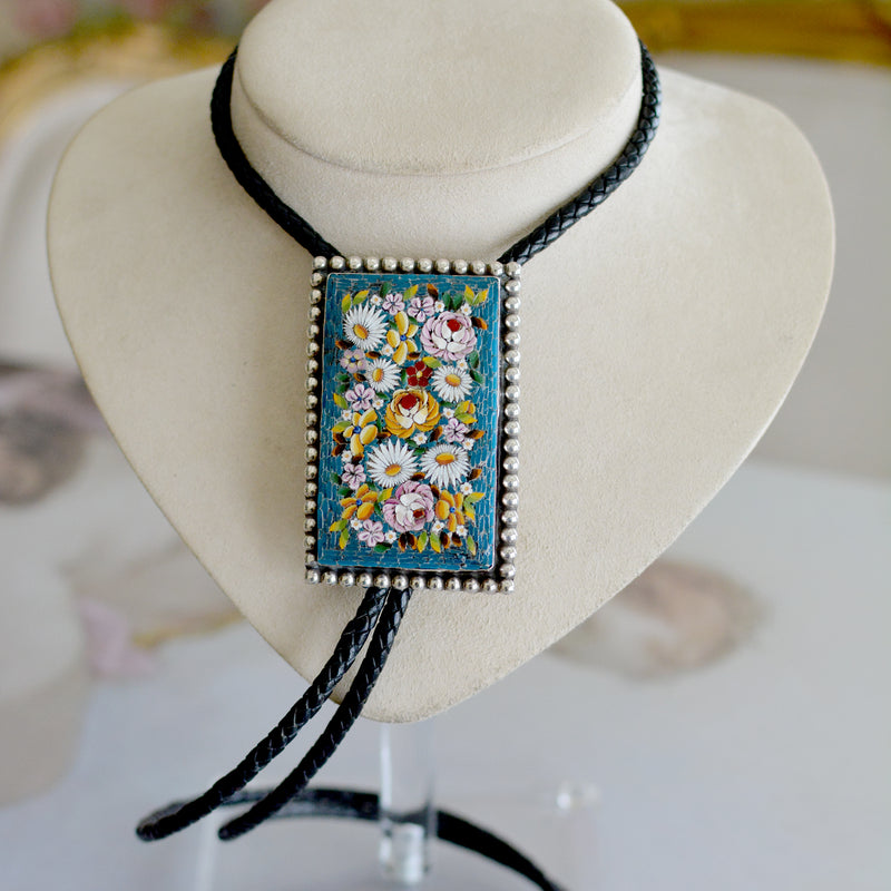 Wisdom Collection 19 th. C. Teal Floral Venetian Micro Mosaic Bolo with Pearl Tips