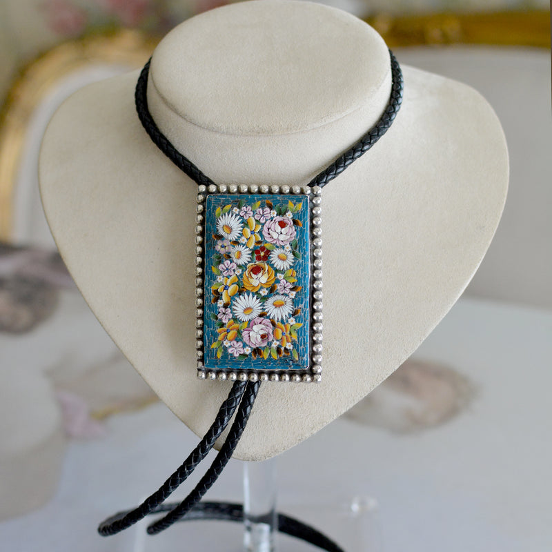 Wisdom Collection 19 th. C. Teal Floral Venetian Micro Mosaic Bolo with Pearl Tips