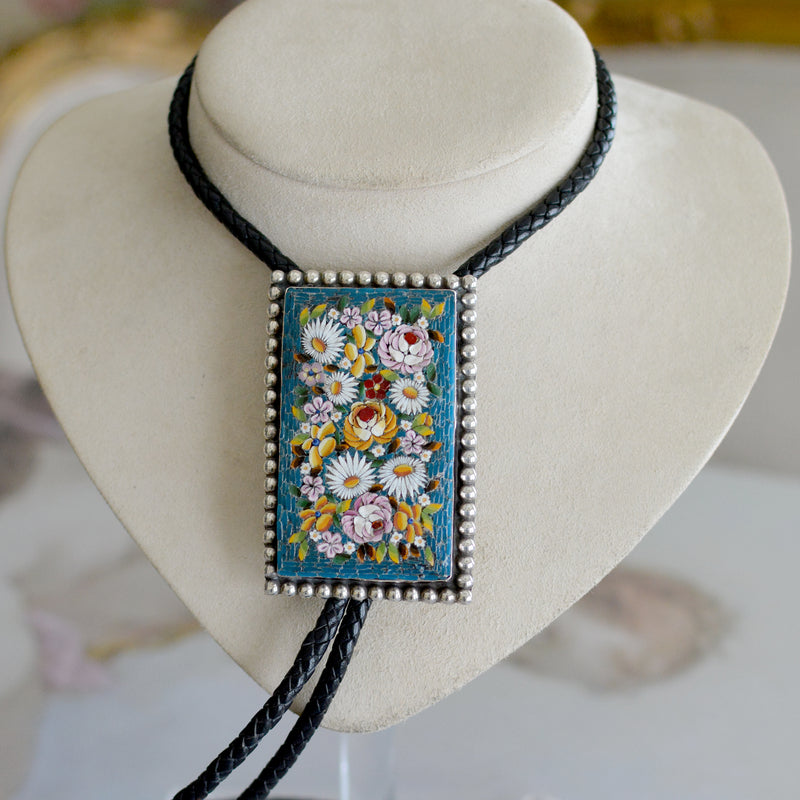 Wisdom Collection 19 th. C. Teal Floral Venetian Micro Mosaic Bolo with Pearl Tips