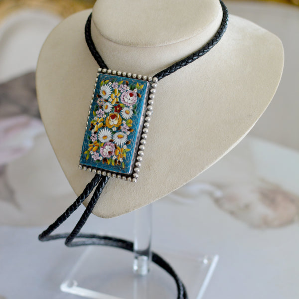 Wisdom Collection 19 th. C. Teal Floral Venetian Micro Mosaic Bolo with Pearl Tips