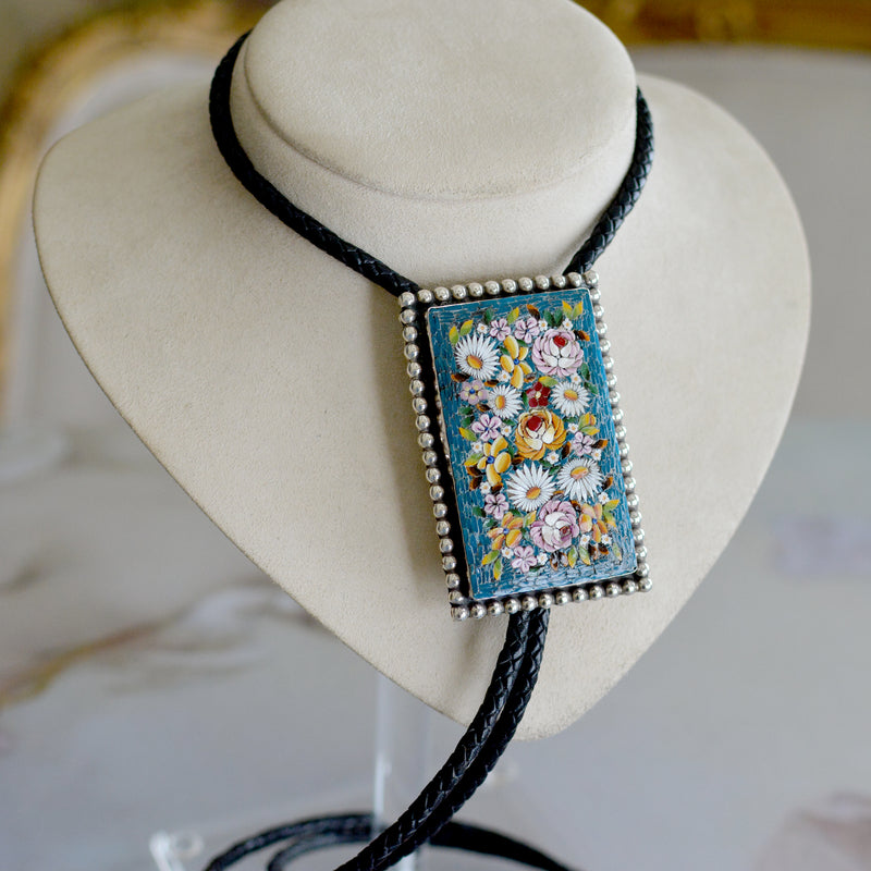 Wisdom Collection 19 th. C. Teal Floral Venetian Micro Mosaic Bolo with Pearl Tips