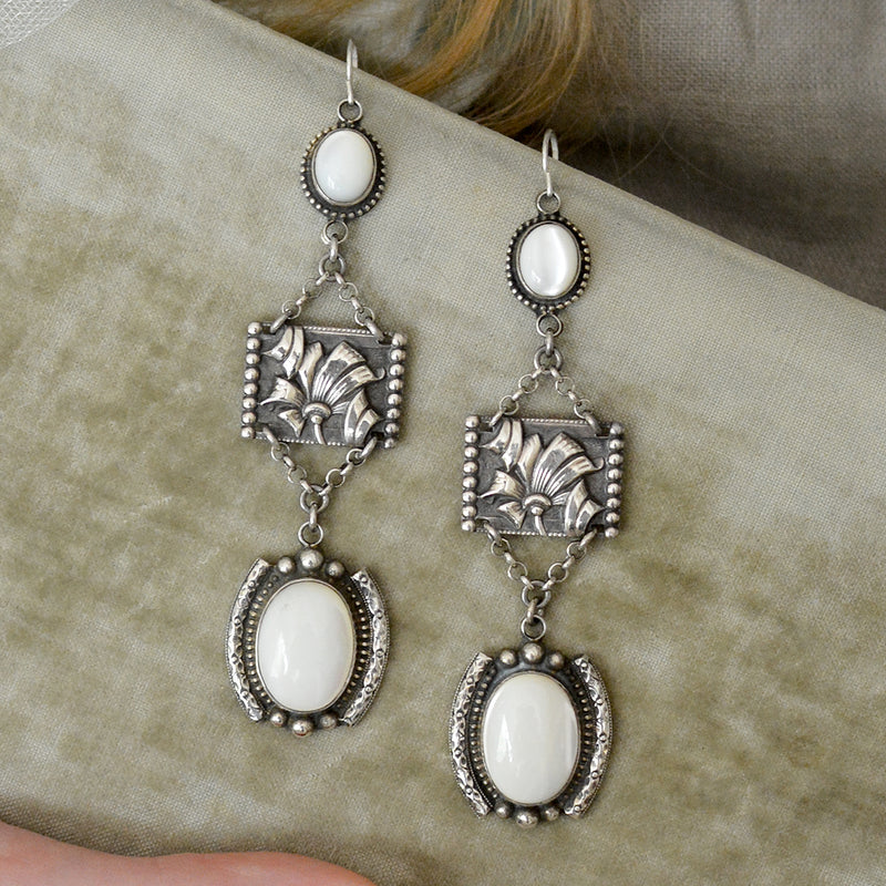 19 th. C. Wisdom Collection English Repousse' Floral Drop Earrings with Mother-of-Pearl