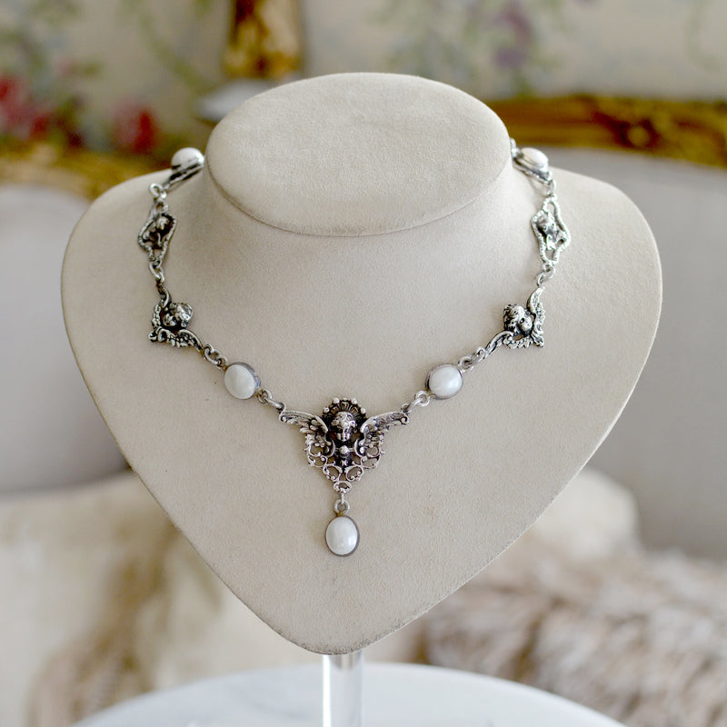 Lingerie Necklace with Antique Venetian Saint Mary Cameo, Figural Angels & Mother-of-Pearl