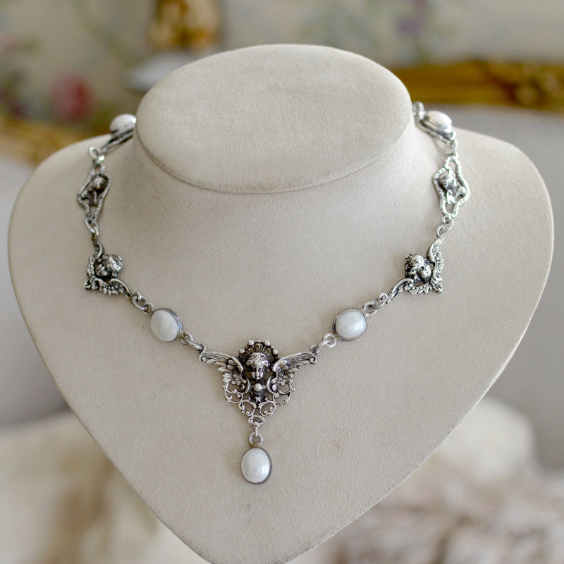 Lingerie Necklace with Antique Venetian Saint Mary Cameo, Figural Angels & Mother-of-Pearl