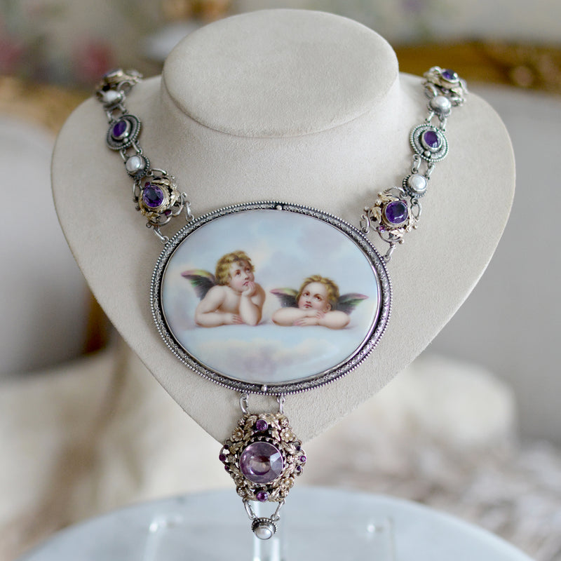 19 th. C. Gilded Raphael's Angels Hand Painted Portrait Necklace with Amethyst & Pearls