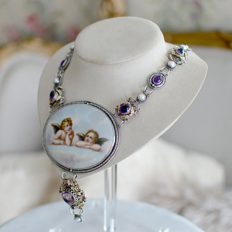 19 th. C. Gilded Raphael's Angels Hand Painted Portrait Necklace with Amethyst & Pearls