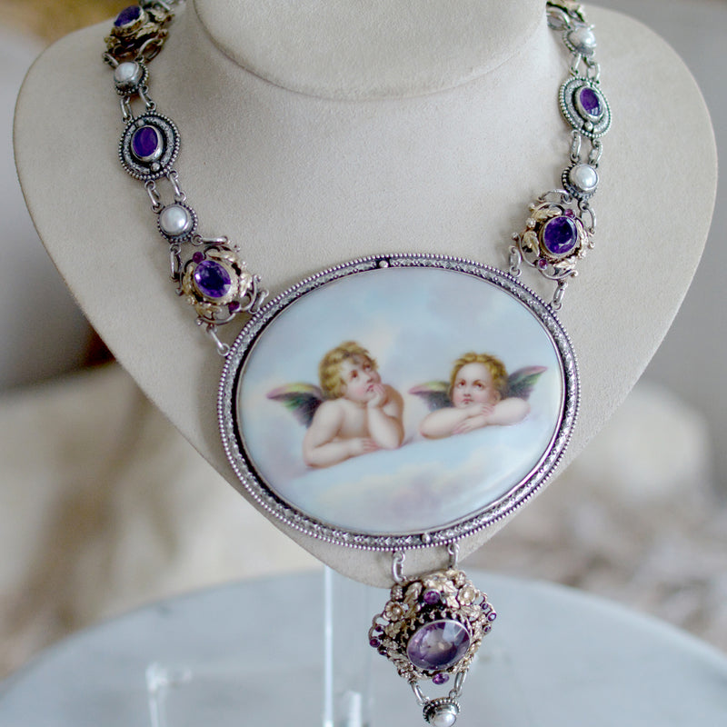 19 th. C. Gilded Raphael's Angels Hand Painted Portrait Necklace with Amethyst & Pearls