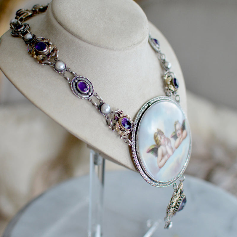 19 th. C. Gilded Raphael's Angels Hand Painted Portrait Necklace with Amethyst & Pearls