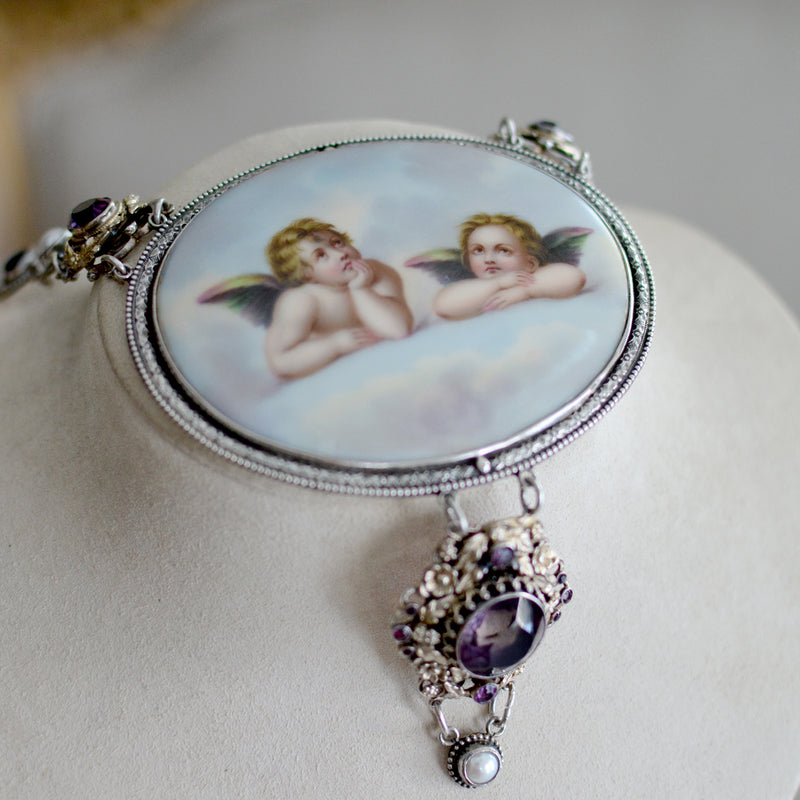 19 th. C. Gilded Raphael's Angels Hand Painted Portrait Necklace with Amethyst & Pearls