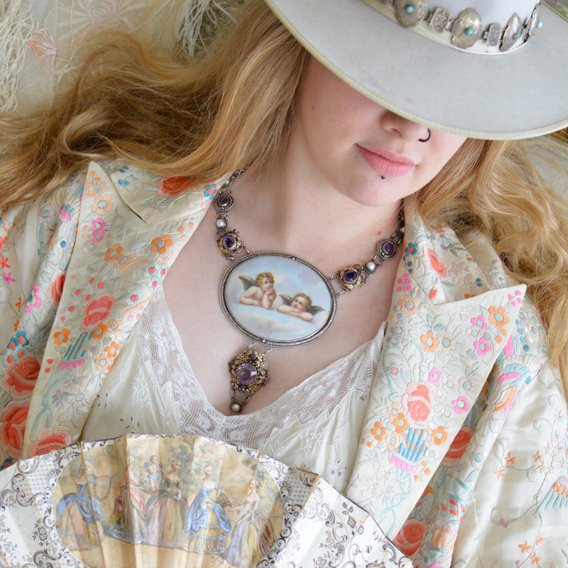 19 th. C. Gilded Raphael's Angels Hand Painted Portrait Necklace with Amethyst & Pearls