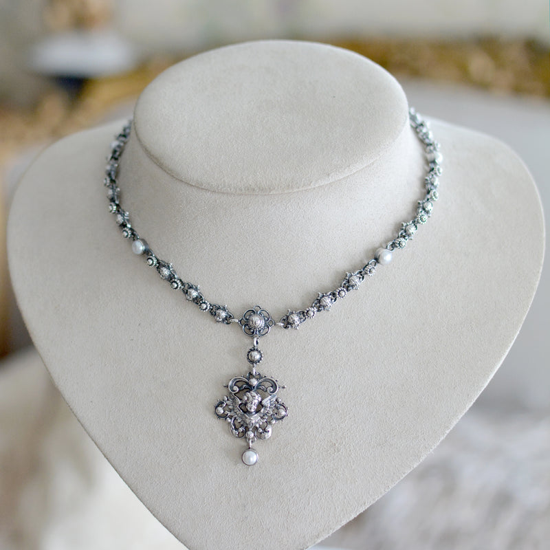 Celestial Angel Drop Necklace in Sterling Silver with Freshwater Pearls