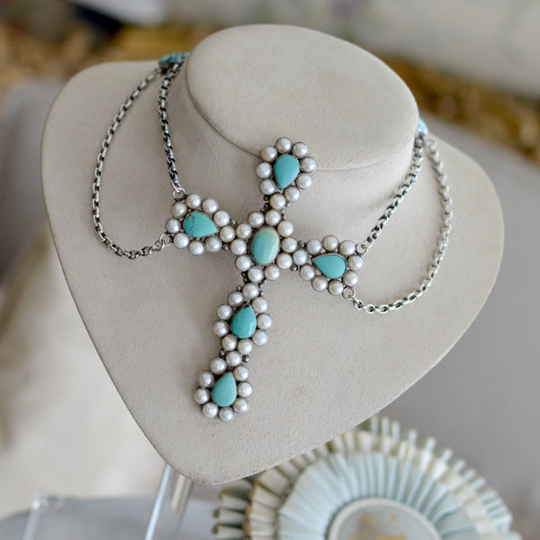 Lingerie Cross Necklace of Turquoise Encrusted with Freshwater Pearls