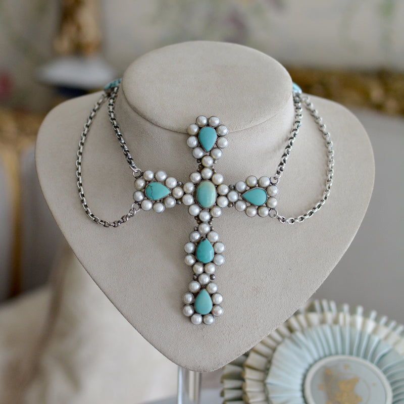 Lingerie Cross Necklace of Turquoise Encrusted with Freshwater Pearls