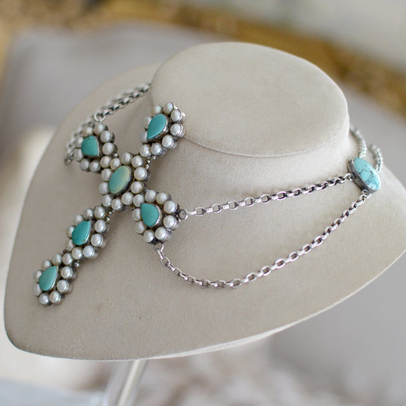 Lingerie Cross Necklace of Turquoise Encrusted with Freshwater Pearls