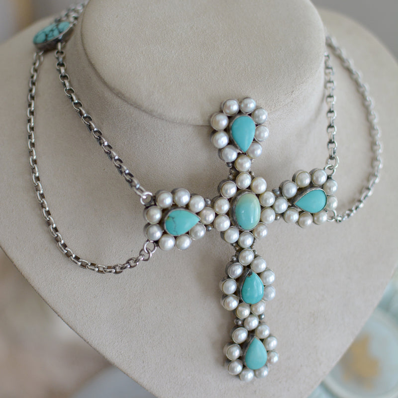 Lingerie Cross Necklace of Turquoise Encrusted with Freshwater Pearls