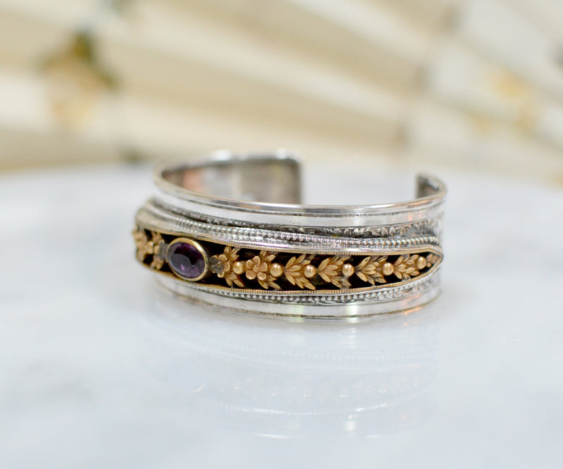 Gilded Art Nouveau Garland of Flowers Cuff with Rosecut Amethyst
