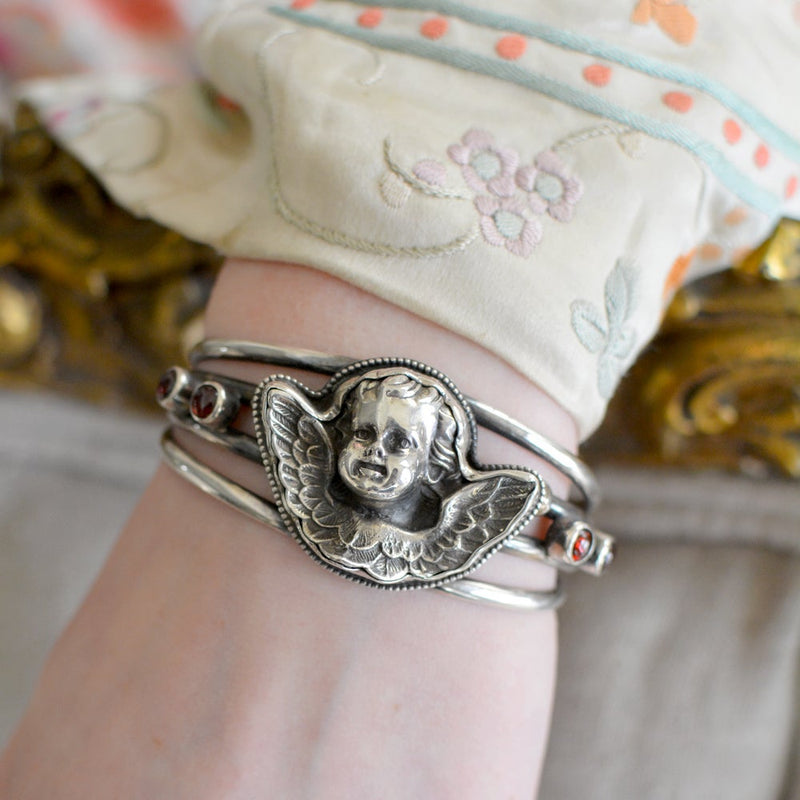 19 TH. C. Baroque Guardian Angel Cuff Bracelet with Rhodolite Garnets