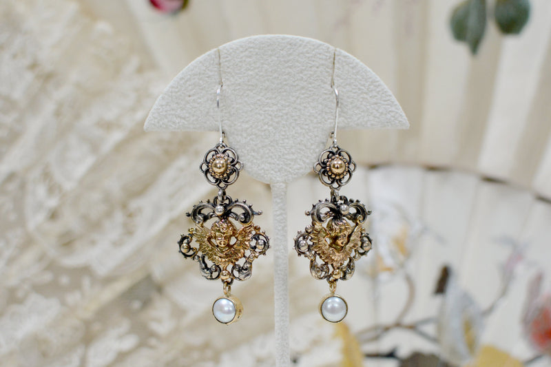Celestial Angels Drop Earrings in 14 kt. Gold & Silver with Freshwater Pearls