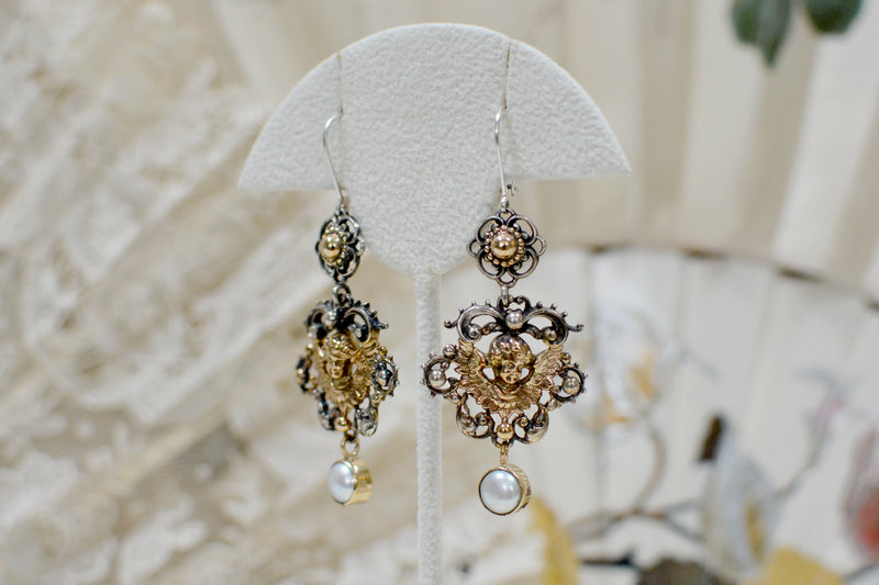 Celestial Angels Drop Earrings in 14 kt. Gold & Silver with Freshwater Pearls