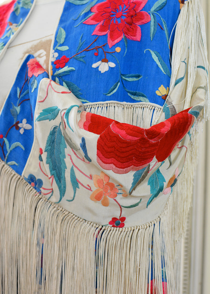 Annie Antique Hand Embroidered Silk Fringe 3/4 Length Jacket - Blue & Creme