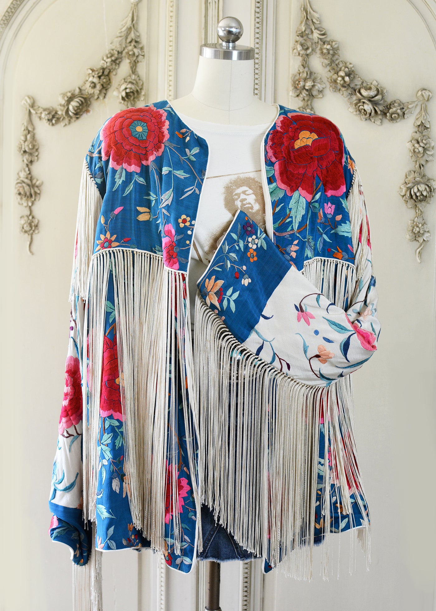 Annie Antique Hand Embroidered Silk Midi Jacket - Cerulean