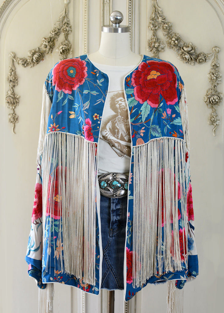 Annie Antique Hand Embroidered Silk Midi Jacket - Cerulean Blue 