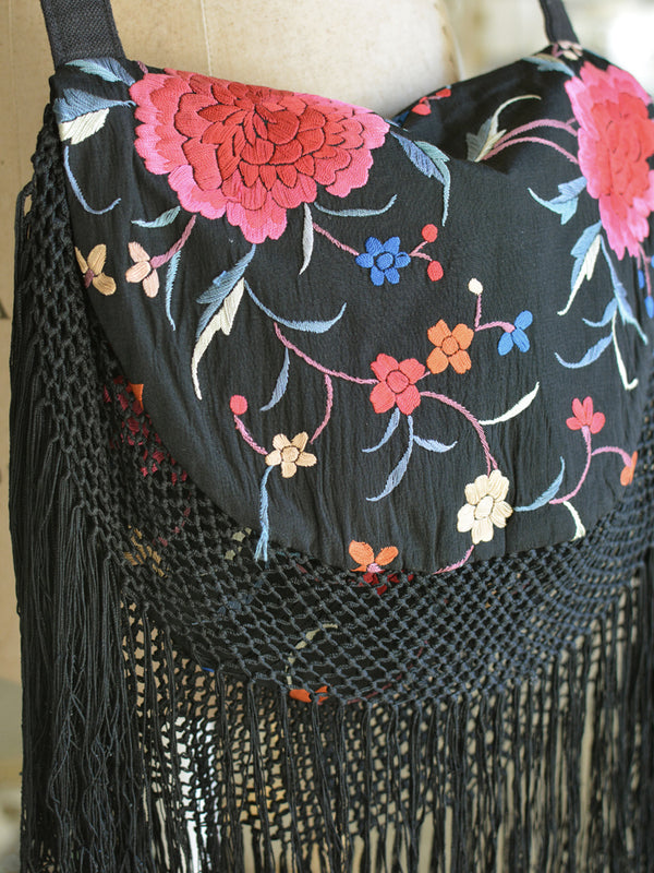 Lamp Black 19 th. C. Hand Embroidered Silk Crepe Grace Shoulder Bag with Elaborate Fringes