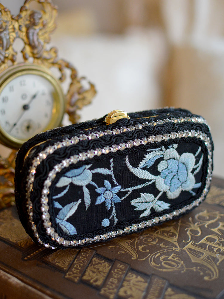 19 th. C. Hand Embroidered Black Silk with Elaborate Denim Blue Floral Minaudiere - SOLD