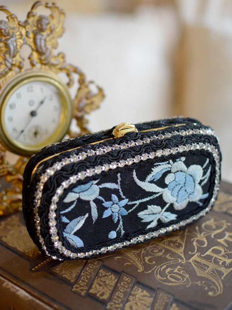 19 th. C. Hand Embroidered Black Silk with Elaborate Denim Blue Floral Minaudiere - SOLD