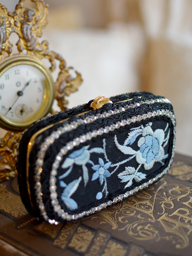 19 th. C. Hand Embroidered Black Silk with Elaborate Denim Blue Floral Minaudiere - SOLD